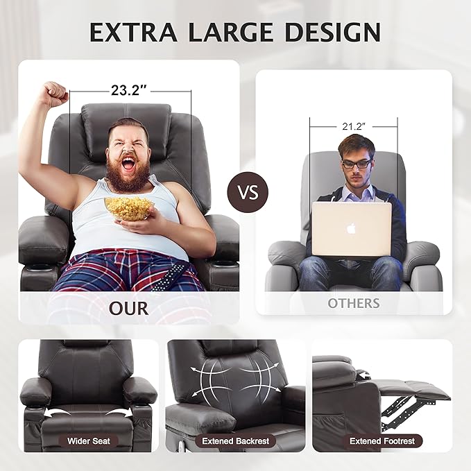 Oversized Swivel Rocker Recliner Sofa Chair with Heat and Massage, 360 Degree Swivel Single Sofa with Cup Holders and USB Port, Big Recliner Chair for Living Room(Leather, Chocolate Brown)