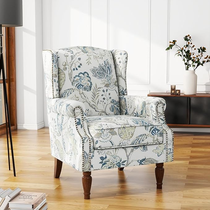 UIXE High Back Floral Accent Chair, Fabric Upholstered Armchair Wingback Chair for Living Room, Nailhead Trim Single Sofa Bedroom Side Reading Seat - Plants Blue