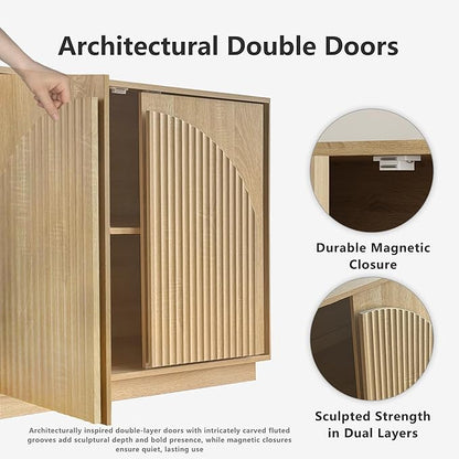 win2win Fluted Sideboard Buffet Cabinet with Storage, 31.5" Modern Boho Accent Cabinet with Double-Layered Arch Doors, Small Wood Console Credenza for Living Room, Dining Room, Entryway, Hallway, Oak