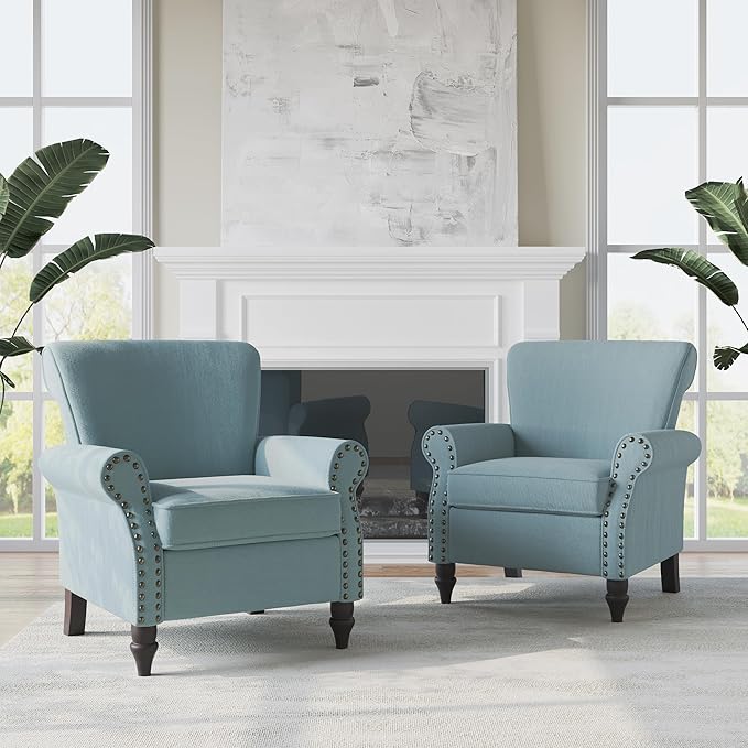 Accent Chair, Upholstered Armchair with High Resilience Sponge & Wood Legs, Mid-Century Modern Comfy Single Sofa Reading Chairs for Living Room, Bedroom (Blue, Set of 2)