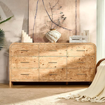 Curved 9-Drawer Dresser for Bedroom, 63" Wide Modern Chest of Drawers, Vanity Desk TV Stand for Living Room, Closet Storage Drawers Organizer Furniture, Nursery, Hallway, Light Burl