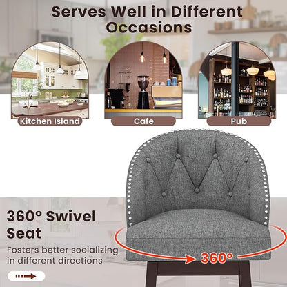 COSTWAY Bar Stools Set of 2, 31’’ Swivel Bar Stools with Rubber Wood Legs & Padded Back, Breathable Linen Fabric, Stylish Tufted Design & Rivet Decoration, Adjustable Foot Pads (2, Grey + Brown)