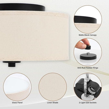 2-Light Flush Mount Ceiling Light Fixture, 12” Modern Close to Ceiling Light with Beige Fabric Drum Shade, Round Pendant Light for Bedroom Hallway Living Room Bathroom Dining Kitchen
