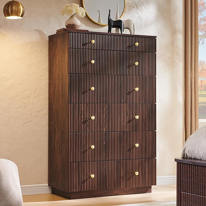 Fluted Dresser for Bedroom, 48" H 7 Drawer Dressers, Wood Tall Dresser Storage Organizer, Modern Bedroom Chest with Deep Storage for Closet Hallway, Entryway, Living Room, Brown