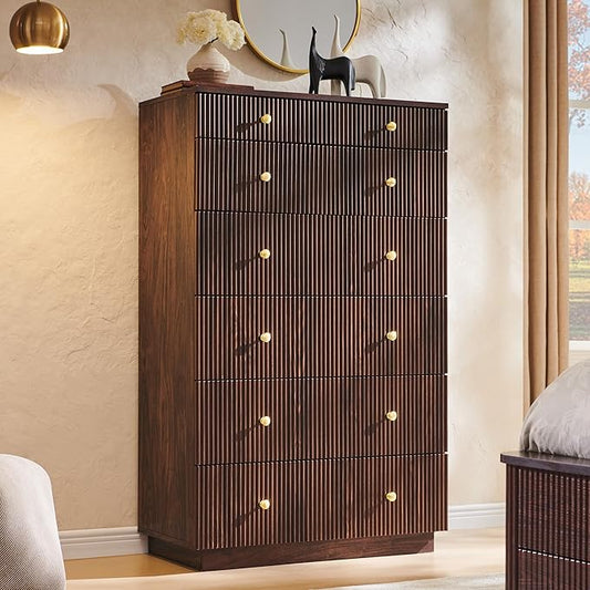 Fluted Dresser for Bedroom, 48" H 7 Drawer Dressers, Wood Tall Dresser Storage Organizer, Modern Bedroom Chest with Deep Storage for Closet Hallway, Entryway, Living Room, Brown