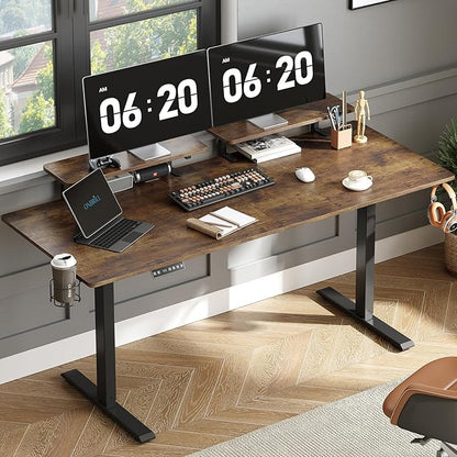 ONBRILL Standing Desk with 2 Adjustable Monitor Shelves, 71 x 24 Inches Electric Stand Up Desk with Memory Controller and Adjustable Height from 28-46 inches for Computer Workstations, Rustic Brown