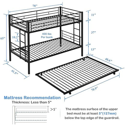 VECELO Twin Over Twin Bunk Bed with Trundle, Metal Bunkbeds with Ladder and Full-Length Guardrail, Noise Free, No Box Spring Needed, Black
