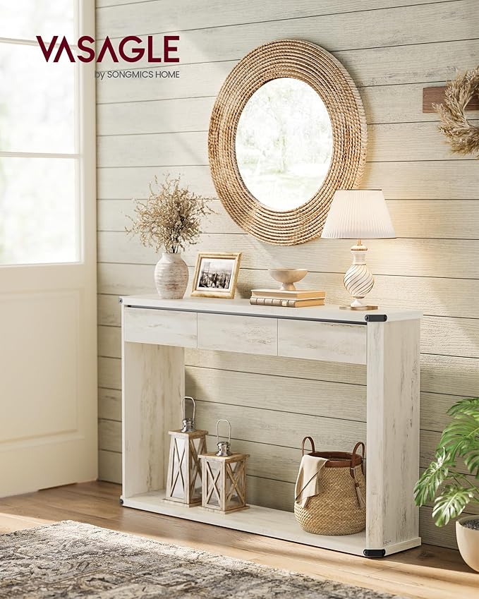 VASAGLE Console Table, 47.2 Inches Sofa Table, Narrow Entryway Table, Entry Table with 3 Drawers, Bottom Shelf, Metal Corners, for Living Room, Bedroom, Farmhouse Style, Rustic White ULNT143W73