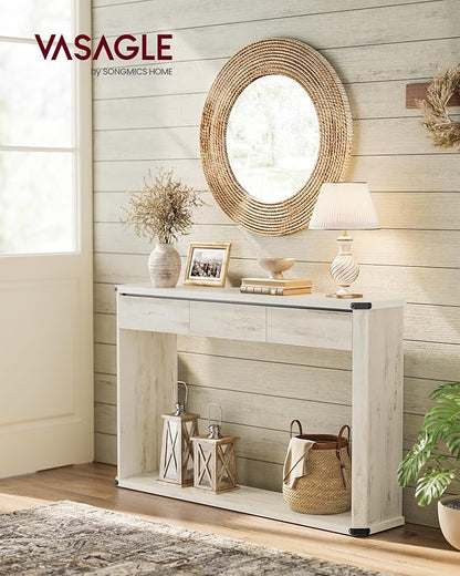 VASAGLE Console Table, 47.2 Inches Sofa Table, Narrow Entryway Table, Entry Table with 3 Drawers, Bottom Shelf, Metal Corners, for Living Room, Bedroom, Farmhouse Style, Rustic White ULNT143W73