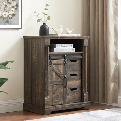 Bathroom Floor Cabinet, Farmhouse Storage Cabinet with Sliding Barn Door, Small Storage Cabinet with Drawer for Bathroom, Kitchen, Living Room, Rustic Style Cabinet (Dark Rustic Oak)