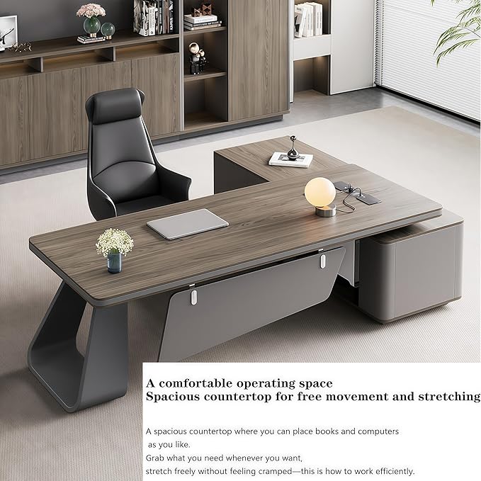 L Shaped Executive Desk, 141.7 inch Large Executive Computer Desk Set Drawers and Lockable, Power Socket and USB Port Storage, Without Display Racks and Bookshelves