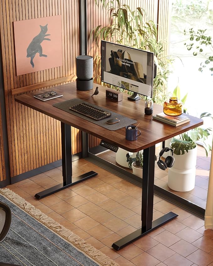 FEZIBO One-Piece Standing Desk Adjustable Height Stand up Home Office Desk, 55x24 Inch Electric Standing Computer Desk, with 4 Memory Presets, Headphone Hook, Black Walnut