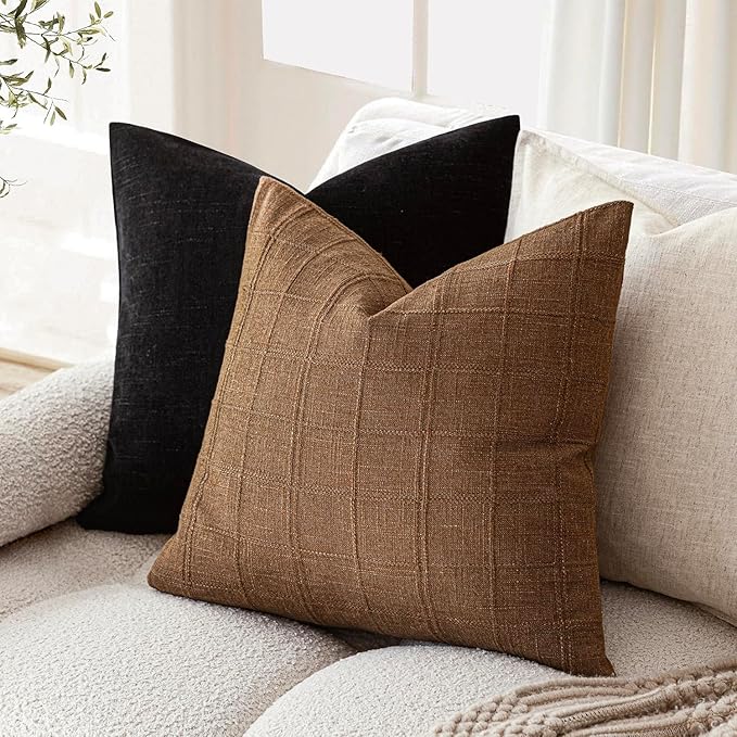 Foindtower Set of 2 Decorative Linen Check Throw Pillow Covers Neutral Farmhouse Vintage Cushion Covers Modern Boho Home Decor for Sofa Chair Couch Bedroom Living Room,16×16 Inch,Brown Hazel