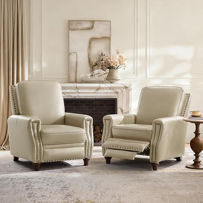 HULALA HOME Genuine Leather Recliner Chair Set of 2, Push Back Recliner Armchair with Thick Seat and Backrest, Comfy Adjustable Home Theater Single Recliner w/Nailhead Decor for Living Room(Beige)