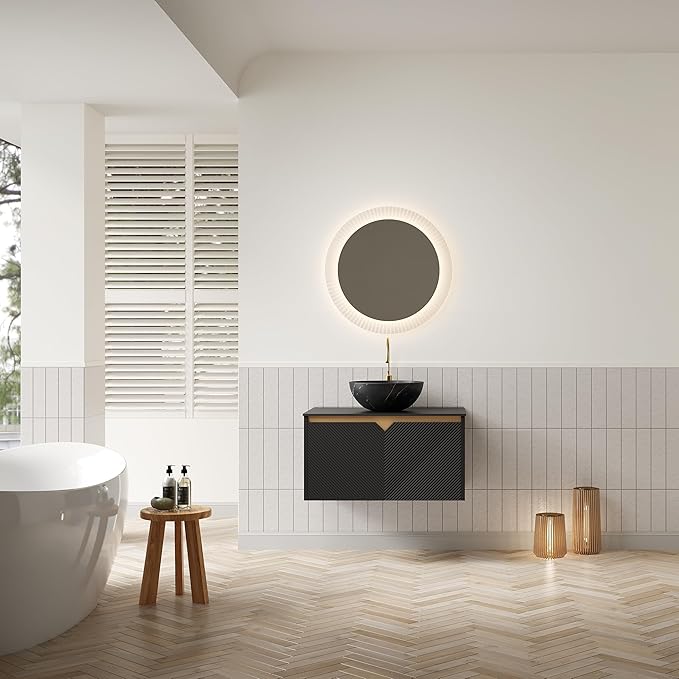 30 Inch Bathroom Vanity with Sink, Floating Fluted Vanity with Vessel Sink, Modern Bathroom Vanity Cabinet with 2 Doors, Bowl Vessel Sink & Sintered Stone Top, Black