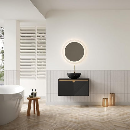 30 Inch Bathroom Vanity with Sink, Floating Fluted Vanity with Vessel Sink, Modern Bathroom Vanity Cabinet with 2 Doors, Bowl Vessel Sink & Sintered Stone Top, Black