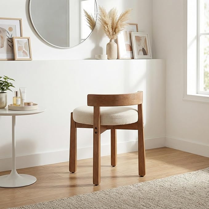 HNY Modern Linen Ottoman- Low-Back Makeup Seat & Lounge Footrest with Solid Wood Frame, Casual Style for Bedroom Dressing Area, Beige