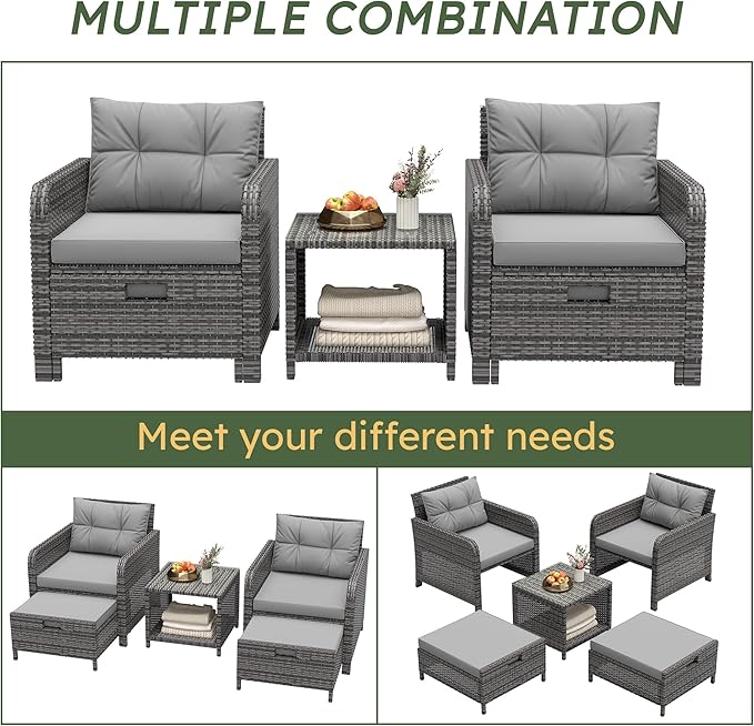 5 Pieces Patio Furniture Set, Hand-Woven Rattan Patio Conversation Set with Soft Cushions & Coffee Table, Outdoor Chairs with Hidden Ottoman for Porch, Lawn, Garden, Balcony, Grey