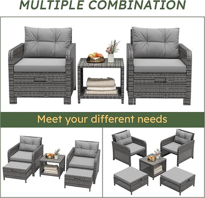5 Pieces Patio Furniture Set, Hand-Woven Rattan Patio Conversation Set with Soft Cushions & Coffee Table, Outdoor Chairs with Hidden Ottoman for Porch, Lawn, Garden, Balcony, Grey
