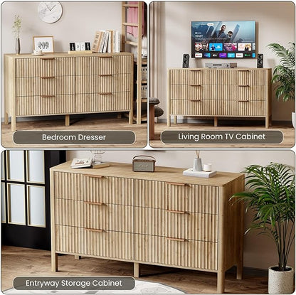 55" Wide Fluted 6 Drawer Dresser for Bedroom, Wooden Dresser Modern Chest of Drawers TV Stand Dressers with Organizer Storage for Bedroom, Living Room, Entryway, Hallway, Oak