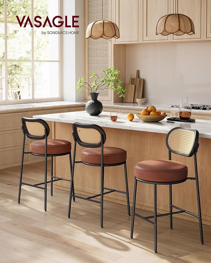 VASAGLE Bar Stools Set of 2, Bar Height Stools with Rattan Back and Metal Legs, 25.1-Inch Tall Counter Chairs, Modern Leather Upholstered Barstools for Kitchen Island Dining Room, Caramel Brown