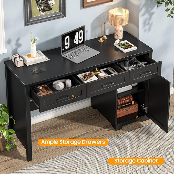 Vabches Farmhouse 59" Executive Desk,Computer Desk with 3 Drawers and Storage Cabinet,Home Office Desk for Work and Study. Pure Black