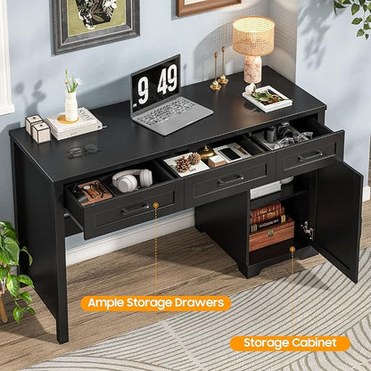 Vabches Farmhouse 59" Executive Desk,Computer Desk with 3 Drawers and Storage Cabinet,Home Office Desk for Work and Study. Pure Black