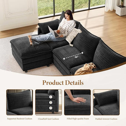 Vesgantti 142" Oversized Sectional Sofa Bed, 8-Seater Modular Sleeper Cloud Couch with Movable Ottoman, Corduroy Convertible Sofa Set Deep Seat Couches for Living Room, Bedroom and Apartment, Gray