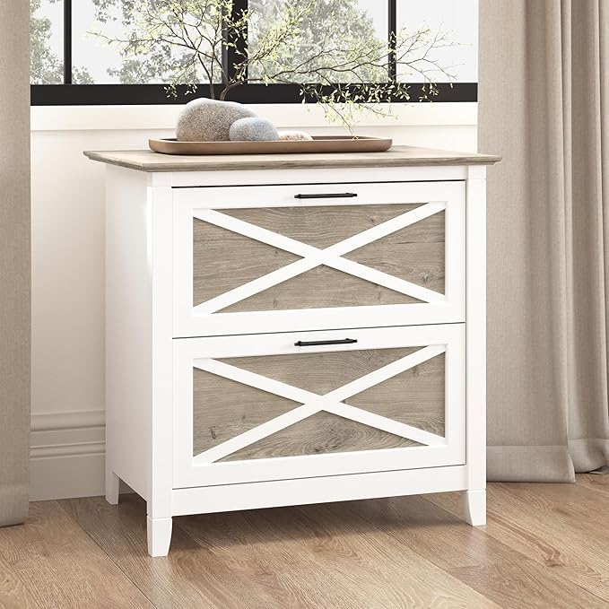 Bush Furniture Key West 2 Drawer Lateral File Cabinet in Pure White and Shiplap Gray, Document Storage for Home Office, Accent Chest with Drawers