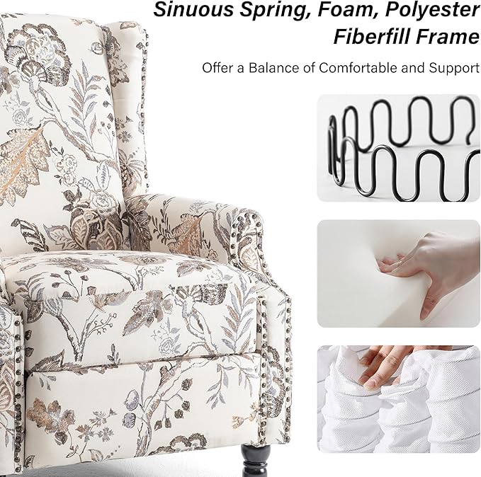 Recliner Chair, Upholstered Wingback Floral Pushback Armchair with Adjustable Backrest & Footrest, Comfy Accent Chair for Small Spaces, Living Room, Bedroom (Plants Beige, Set of 2)
