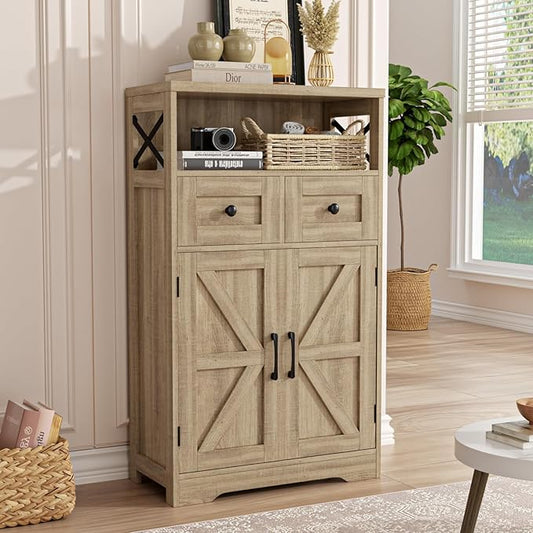 Natural Storage Cabinet with Doors and Shelves, Standing Kitchen Pantry Cabinet, Floor Storage Hutch Cupboard, Coffee Bar Station for Dining, Living Room, Home Office