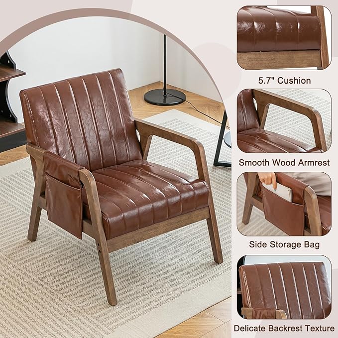 EROMMY Mid Century Modern Leather Accent Chair with Wood Frame, Faux Leather Accent Armchair with Storage Bag,Faux Pu Living Room Accent Chair for Reading, Bedroom,Reddish Brown