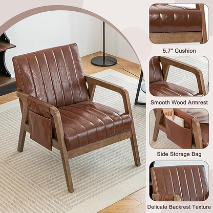 EROMMY Mid Century Modern Leather Accent Chair with Wood Frame, Faux Leather Accent Armchair with Storage Bag,Faux Pu Living Room Accent Chair for Reading, Bedroom,Reddish Brown