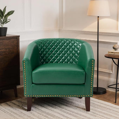 Pia Ricco Faux Leather Barrel Accent Chairs Set of 4, Modern Club Arm Chair Comfy Upholstered Single Sofa Chair with Solid Wood Legs and Nailhead Trim for Living Room/Reading Room, Green