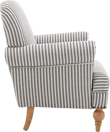 Linen Accent Chairs Set of 2 Mid-Century Modern Living Room Armchair with Nailhead Trim & Wood Legs Comfy Upholstered Single Sofa Chair for Lounge/Bedroom/Reception, Black Stripe