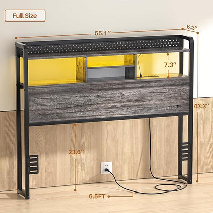 Unikito Headboard for Full Size Bed with Storage Shelf, Head Board with 3 Outlets and 2 USB Ports, Headboards with RGB LED Light, Height Adjustable, Sturdy and Stable, Easy Assembly,Black Oak