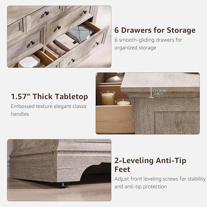 T4TREAM Farmhouse 7 Drawers Dresser for Bedroom, 54" Wide Wood Rustic Chest of Drawers w/Roman Column, Wooden Storage Dressers Organizer for Bedroom, Living Room, Light Rustic Oak