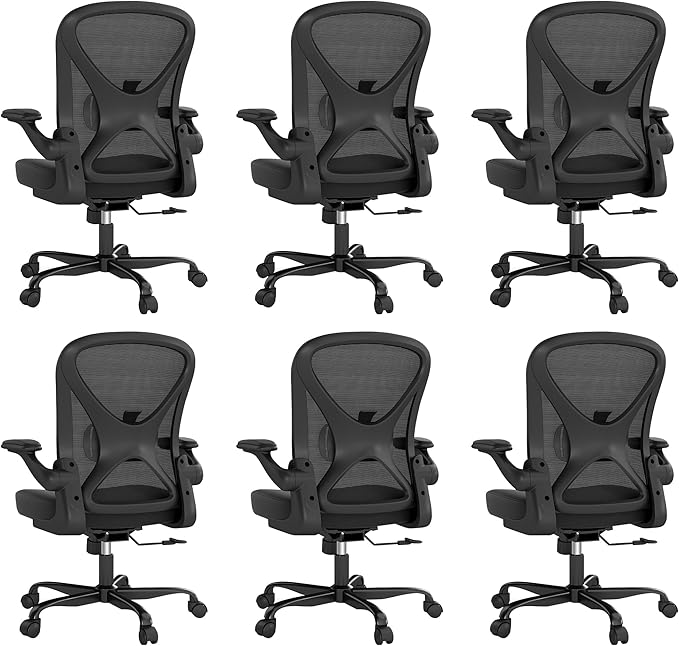 ZZH Ergonomic Office Chair Set of 6 with Adjustable Lumbar Support, Mesh Home Office Desk Chair with Wheels and Flip-up Arms, Black
