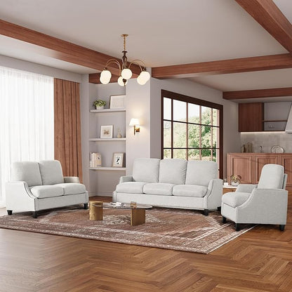 3 Piece 6-Seater Living Room Sofa Set, Modern Upholstered 3-Seater Sofa, Loveseat & Armchair, Handmade Nailhead Trim, Ergonomic Deep-Seat Couch for Living Room, Bedroom, Apartment, Beige