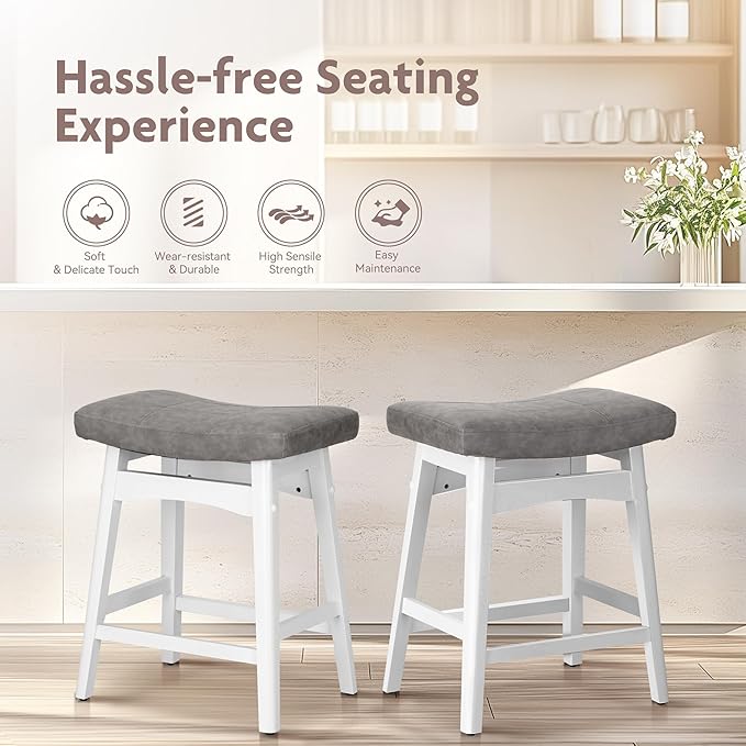 ALPHA HOME Bar Stools Set of 1, Solid Wood Saddle Kitchen Stools with Grey PU Leather Cushion Counter Height Barstools with Wooden Base for Kitchen Dining Cafe, 24 Inch, Grey, 1PCS