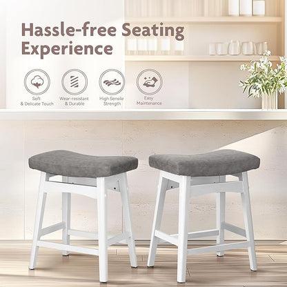 ALPHA HOME Bar Stools Set of 1, Solid Wood Saddle Kitchen Stools with Grey PU Leather Cushion Counter Height Barstools with Wooden Base for Kitchen Dining Cafe, 24 Inch, Grey, 1PCS