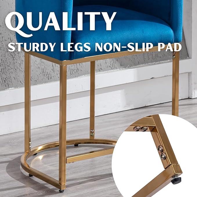 Contemporary Blue Velvet Bar Stools Set of 2, 24" Upholstered Fabric Counter Height Barstools Kitchen Counter Island Stools with Screwed Together Golden Metal Base
