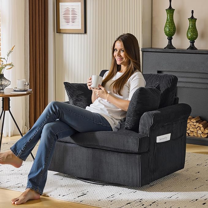 Karl home Swivel Accent Chair Set of 2, 39" Oversized Armchair W/2 Pillows and 4 Pockets,Modern Corduroy Barrel Chairs,Comfy Single Sofa for Living Room,Reading,Bedroom and Office-Black