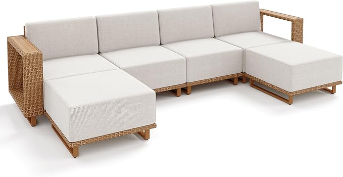 Sectional Outdoor Patio Furniture,U Shaped Rattan Wicker Sectional Sofa with 10''Ultra-Thick Cushions,All Weather Patio Conversation Set for Lawn Garden Backyard,Beige