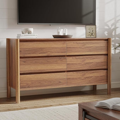 CHUWELL Dresser for Bedroom, 47" Wide Mid Century Modern Chest of Drawers with 6 Large Storage Space and 4 Solid Wood Cylindrical Legs, 6 Drawer Large Dresser for Bedroom(Walnut)