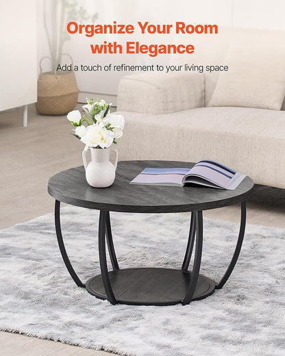 VEVOR Coffee Table, Modern Round Coffee Table, 2 Tiers Wooden Circle Center Desk with Open Storage, Minimalist Sturdy Metal Frame Accent End Desk for Living Room, Office, Easy Assembly, Grey