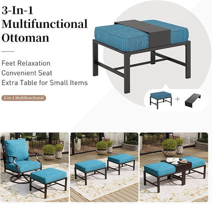 5 Piece Metal Outdoor Patio Furniture Set, Patio Conversation Sets 3-seater Sofa, 2 Swivel Chairs, 2 Ottomans with 5.75" Thick Cushion, Black All-weather Backyard Furniture Set, Blue-2