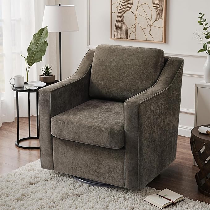 UIXE Swivel Accent Chair, Chenille Upholstered Arm Chair for Living Room, Modern Club Armchair Comfy Single Sofa Bedroom Reading Seat with Lumbar Pillow - Coffee
