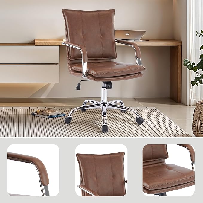 Mid-Back Ergonomic Leather Office Chair, Modern Upholstered Executive Desk Chair with Gold Frame Armrest Computer Task Chair (Brown &Silver Legs)