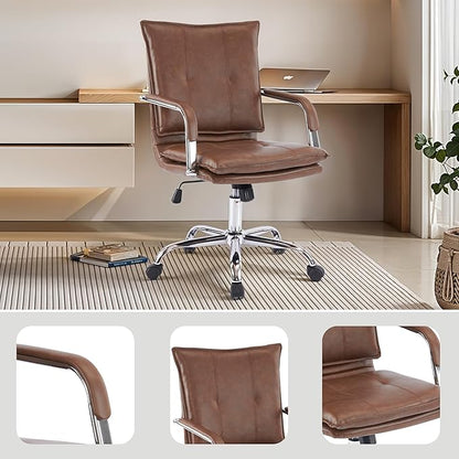 Mid-Back Ergonomic Leather Office Chair, Modern Upholstered Executive Desk Chair with Gold Frame Armrest Computer Task Chair (Brown &Silver Legs)